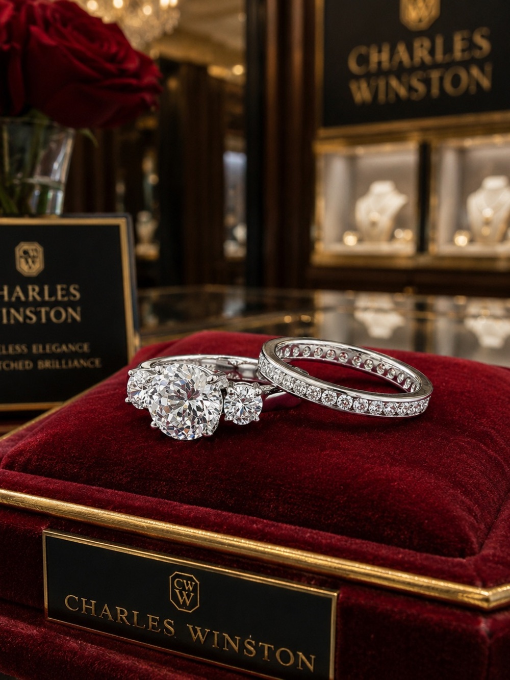 Charles Winston Scintillant Cut Rhodium Over Sterling Silver Ring set 9.70ctw
